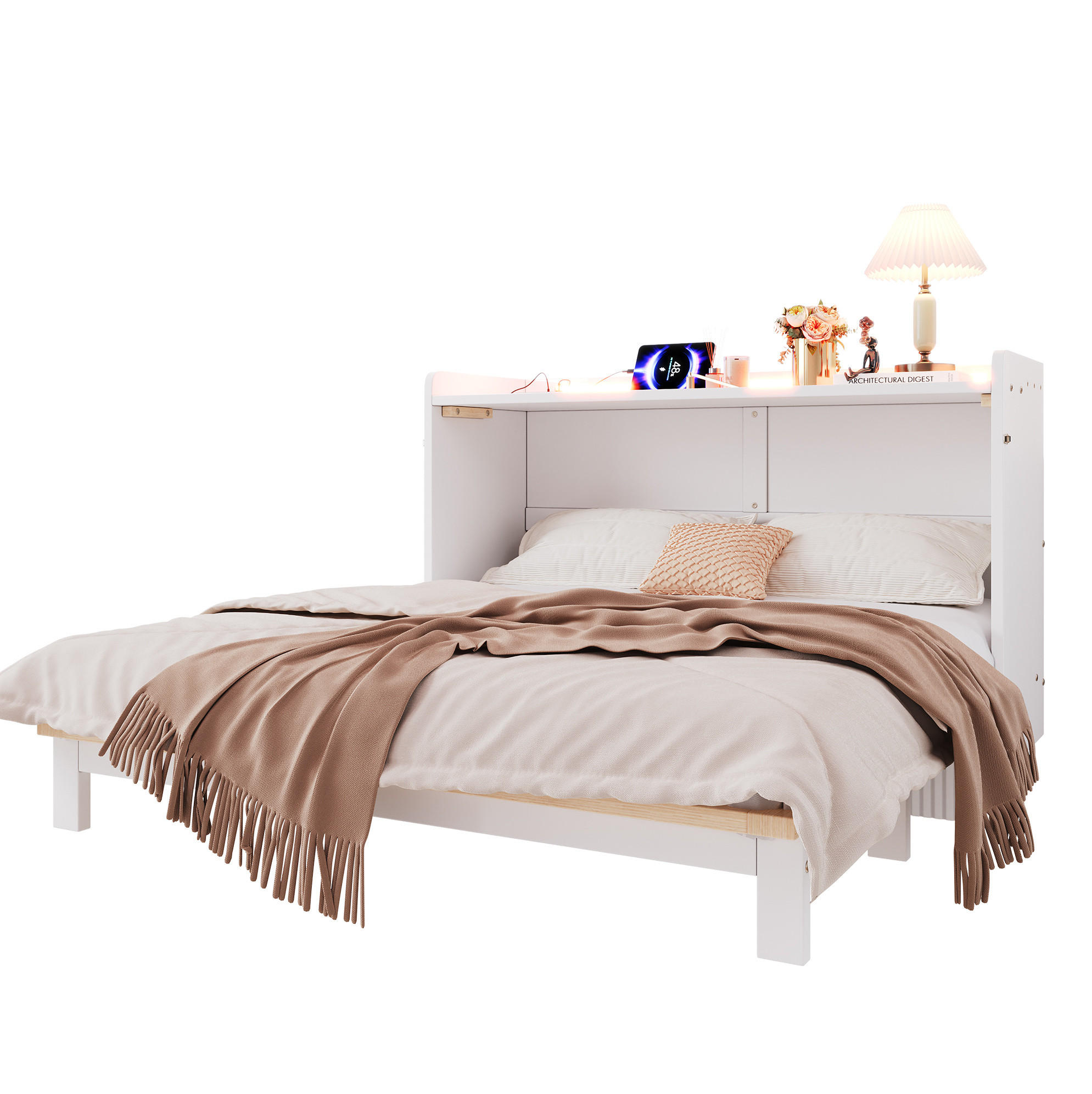 SKLÁPĚCÍ postel 140/200 cm bílá z MDF s LED osvětlením USB a zásuvkou - bílá, kompozitní dřevo (140/200cm) - OKWISH
