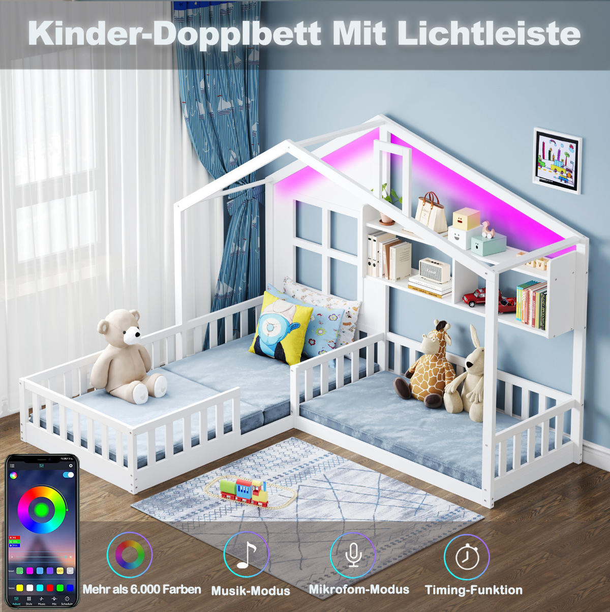 KINDERBETT 180/200 cm weiß aus Massivholz mit LED - Weiß, Holzwerkstoff (90/200cm) - OKWISH