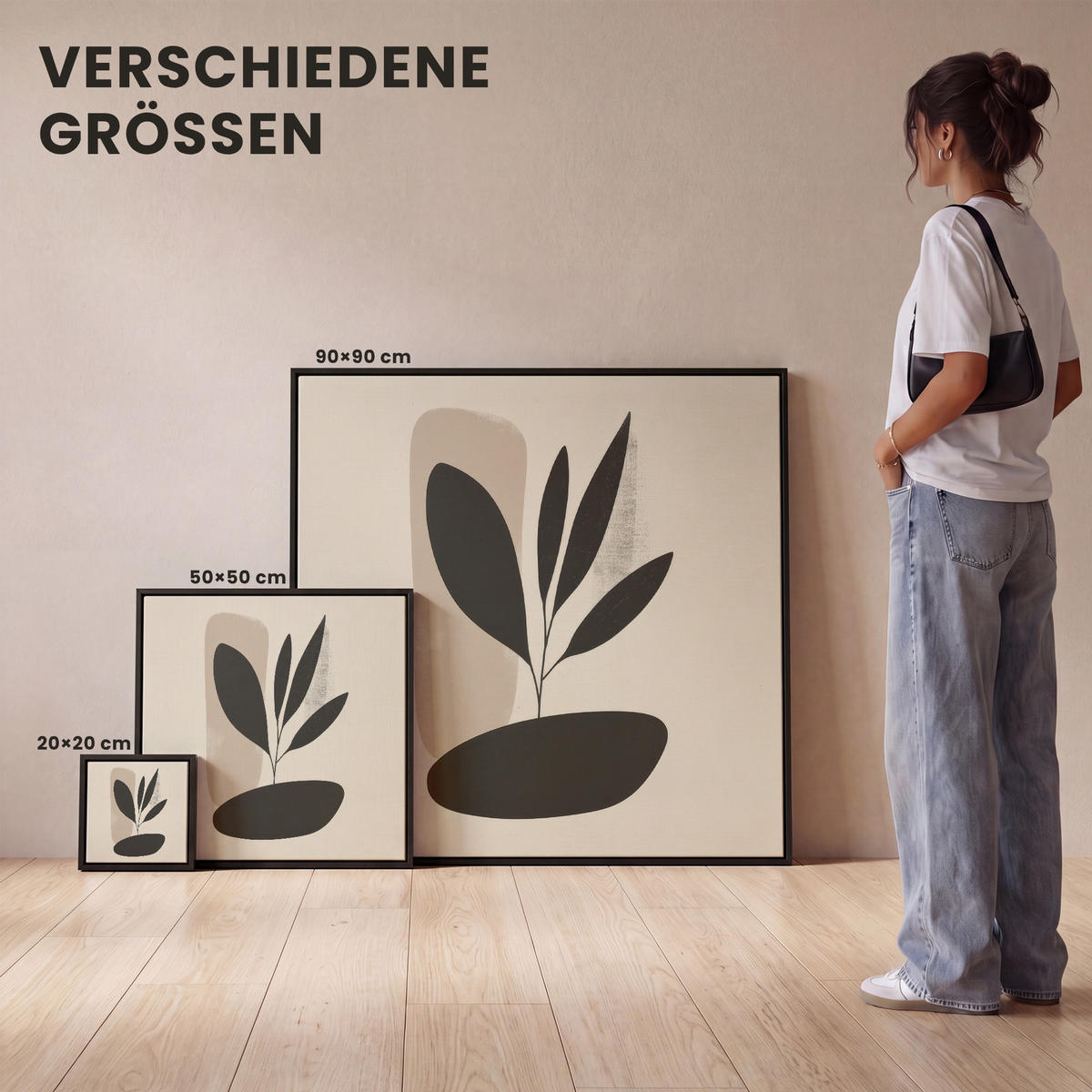 LEINWAND Bilder mit Rahmen - Pflanze - Beige - Japanisch - 20x20 - Schwarz, Textil (20/20cm) - MuchoWow