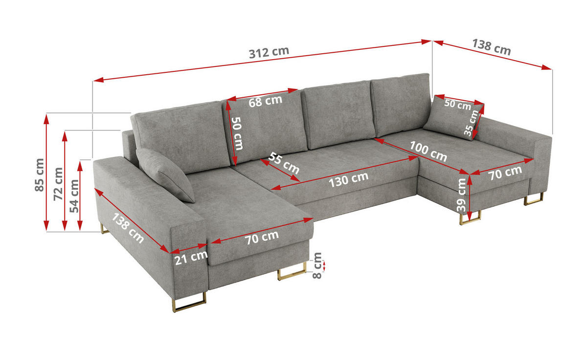 WOHNLANDSCHAFT DORIAN U Struktur Hellgrau - Goldfarben/Hellgrau, Textil/Metall (312/85/138cm) - MKS