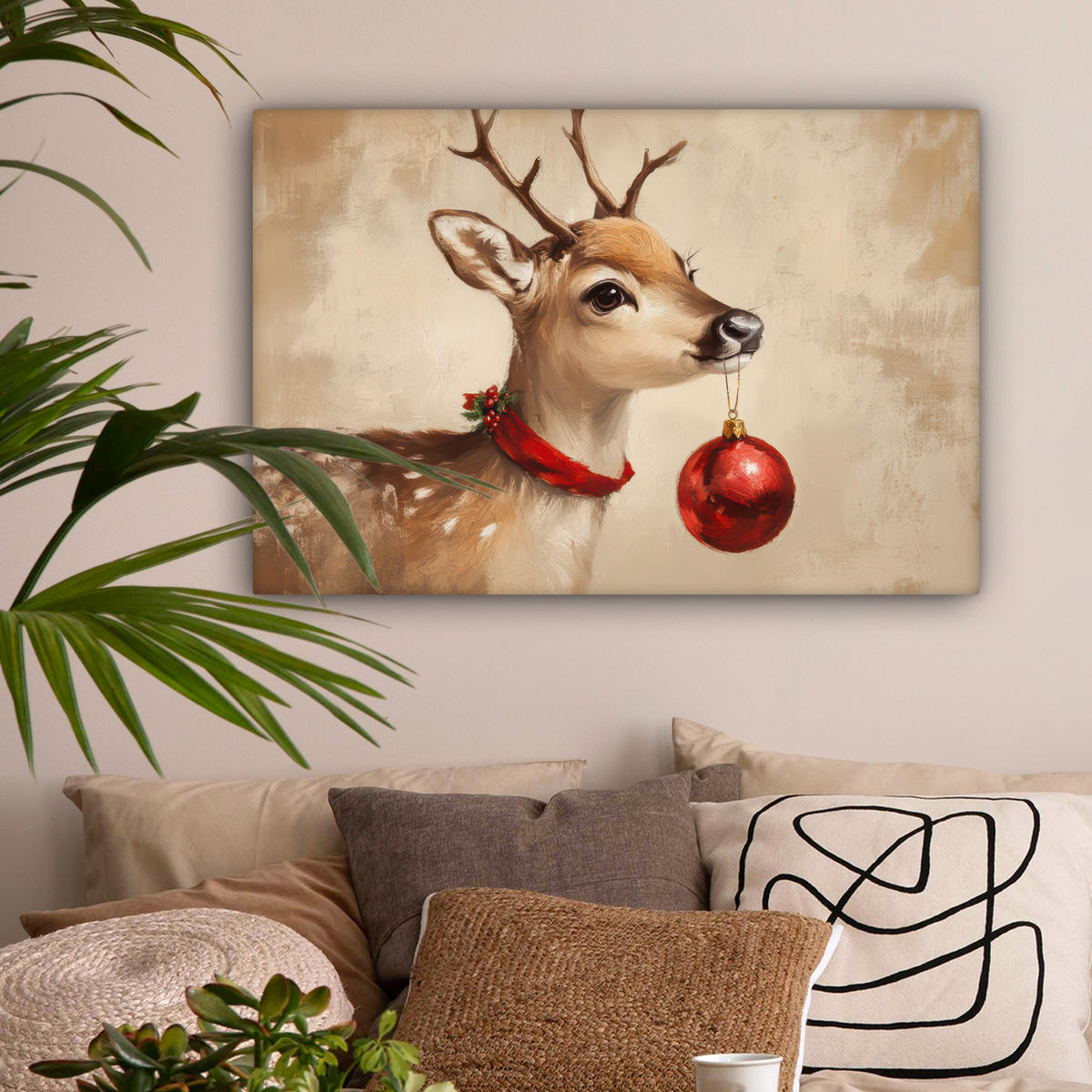 LEINWANDBILD Weihnachten - Hirsch - Geweih - Weihnachtskugel - Rentier Gemälde 60x40 cm - Hellbraun, Textil (60/40cm) - MuchoWow