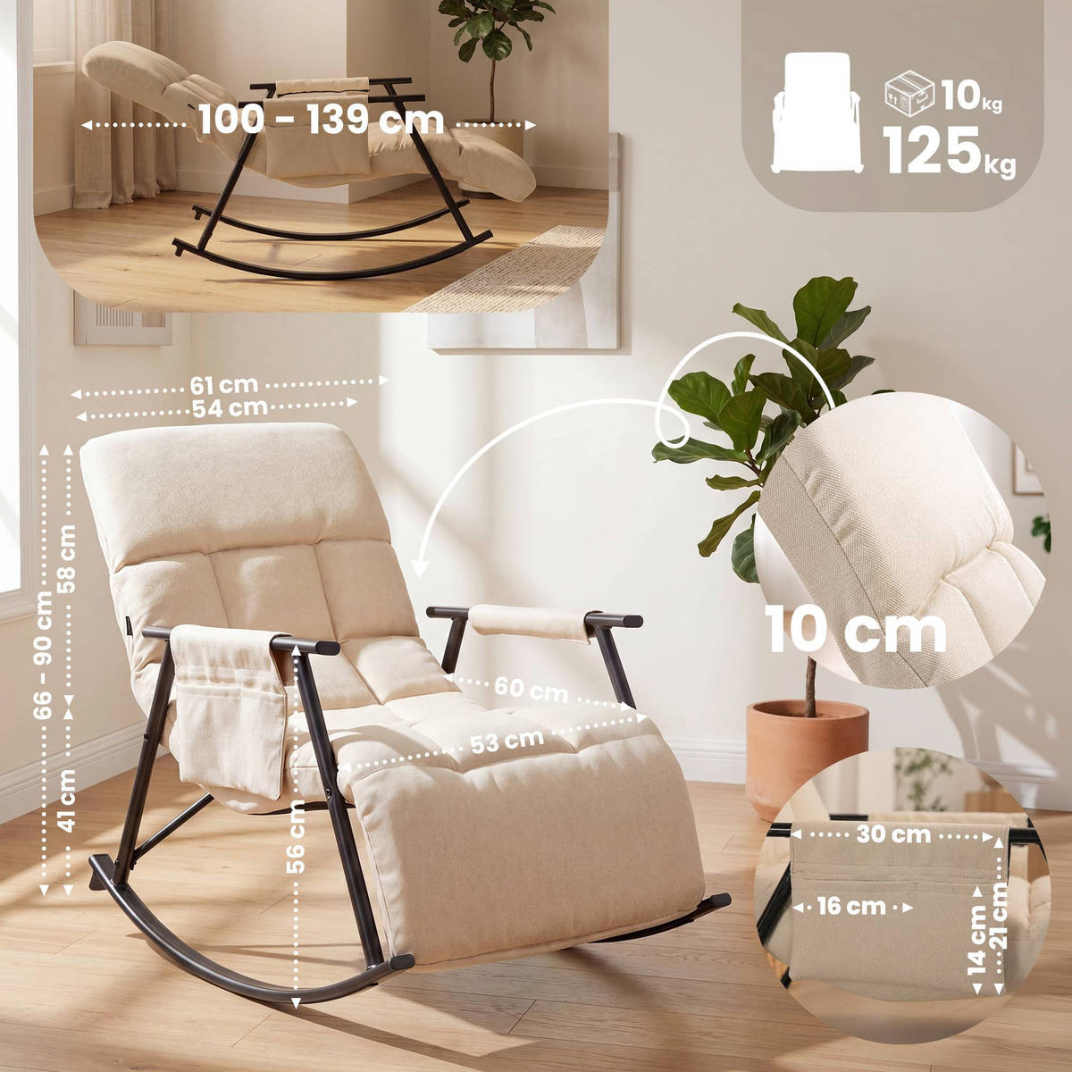 SCHAUKELSTUHL Mika Indoor 61x100x66cm Stoff Creme Liegestuhl - Creme, Kunststoff (61/66/100cm) - DELUKE