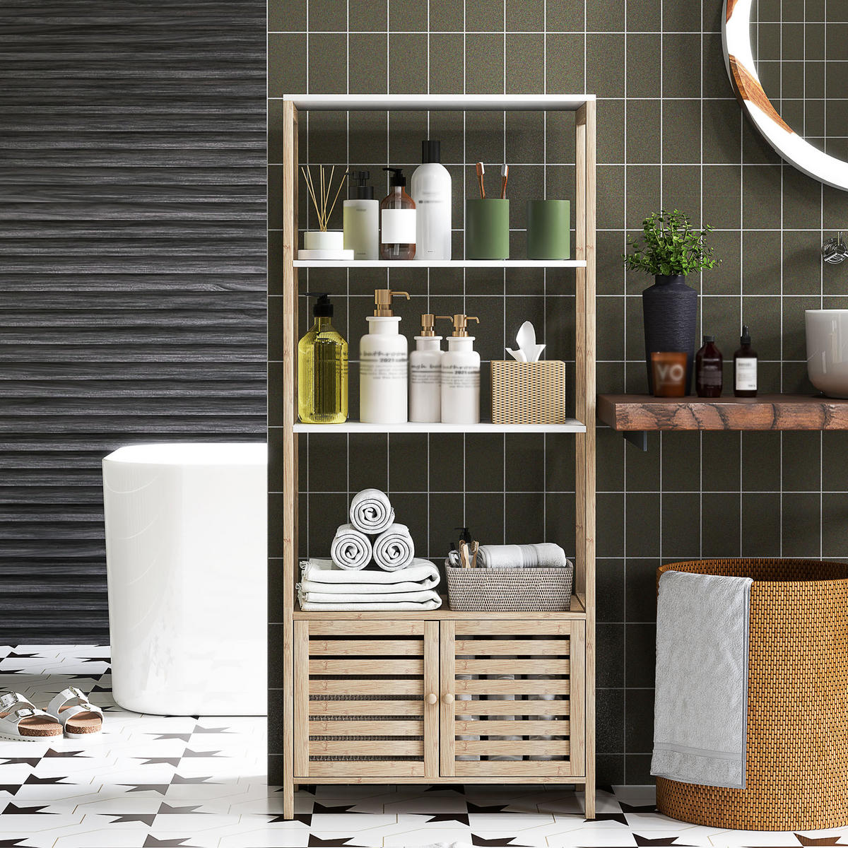 BADEZIMMERSCHRANK Natur und Weiß 63/30/138 cm - Weiß, Holz (63/138/30cm) - PANGIVO