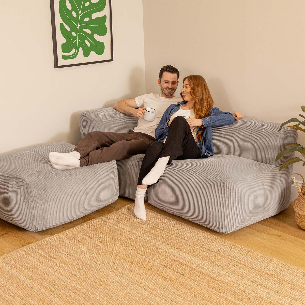 SITZSACK-SOFA 3-tlg. ZEN: Ecksessel, Sessel, Fußstütze - Grau, Textil (290/68/100cm) - icon