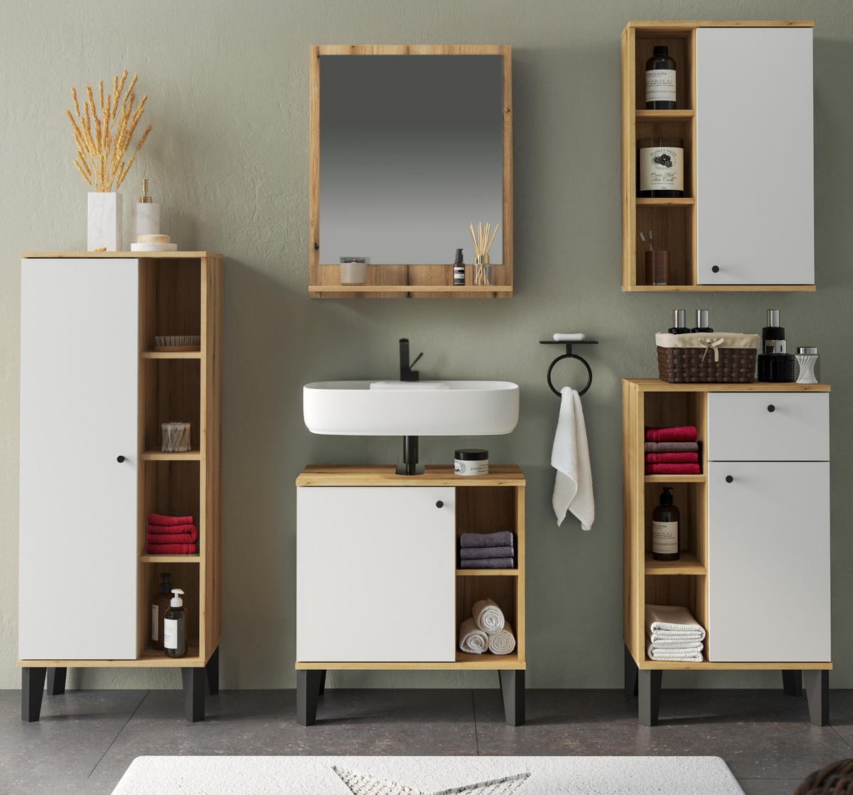 BADMÖBEL-SET 5-teilig weiß, Evoke Eiche, Badkombination, 182 x 190 cm - Eichefarben/Schwarz, Glas/Holzwerkstoff (182/190/33cm) - Furn.Design