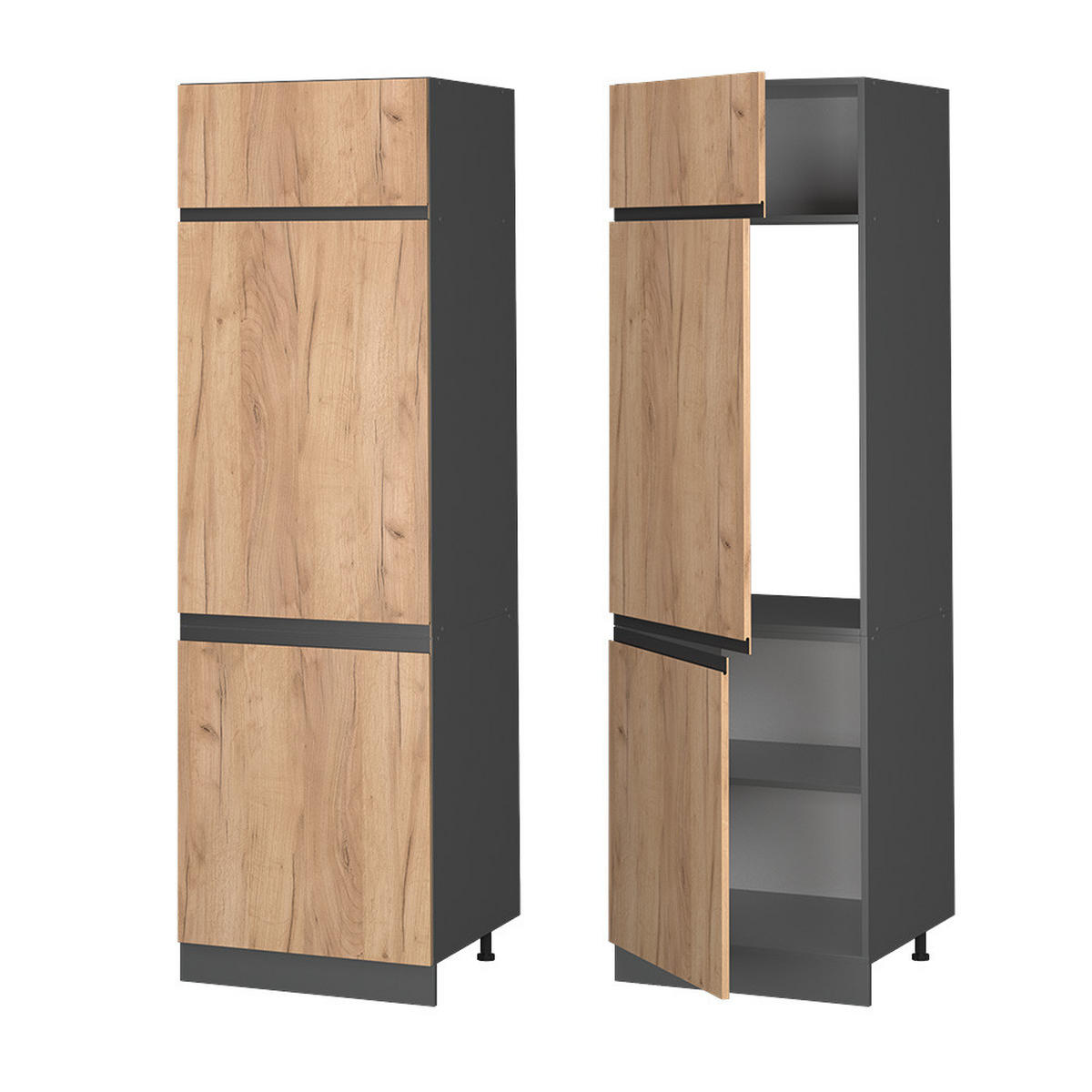 KÜHLUMBAUSCHRANK R-Line Goldkraft Eiche 60 cm J-Shape - Honigeiche/Anthrazit, Holzwerkstoff (60/206.8/57.2cm) - Vicco