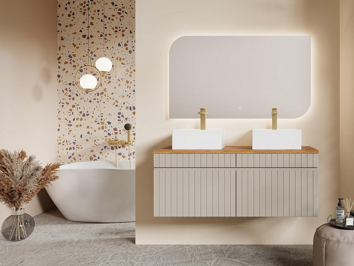 DOPPELWASCHTISCH - 120 cm x 46 cm - Holz, Platte - Beige - SATARA - Beige, Holz (120/46/46cm) - Vente-Unique