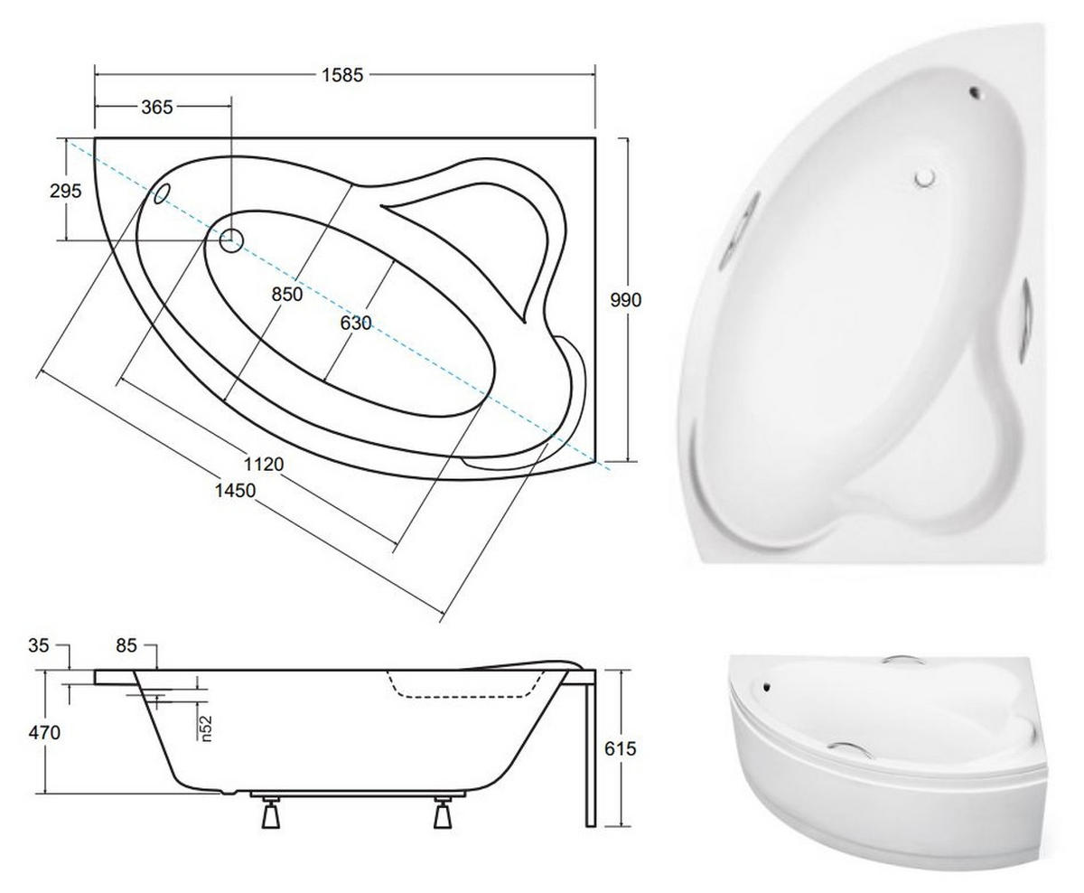 BADEWANNE Eckwanne ADA 160/100 Rechts mit Styro Ablauf Füße - Weiß, Kunststoff (100/61.5/160cm) - bad land