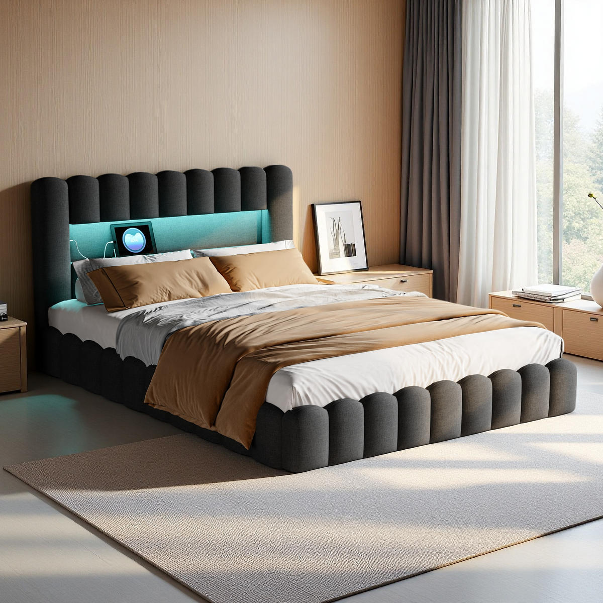 POLSTERBETT 160x200 cm LED Hydraulik Stauraum Lattenrost Leinen grau - Grau, Holz (160/200cm) - LEBENLANG