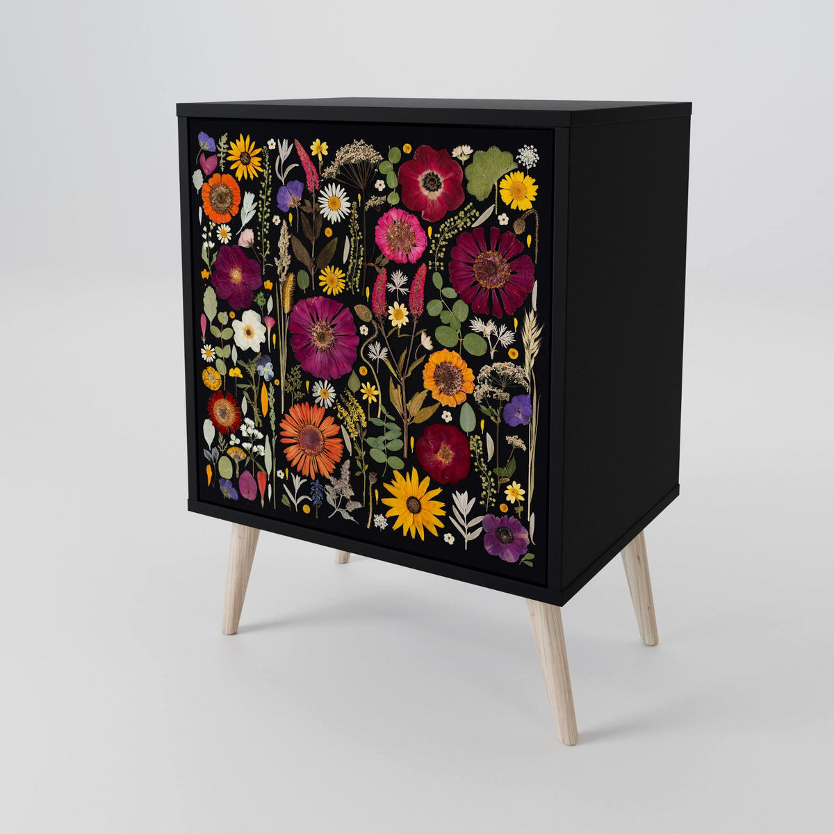 SIDEBOARD MIDNIGHT GARDEN, Schwarz, 57,5x42x67,5 cm, Schwarze Metall-Rahmenfüße - Multicolor/Schwarz, Holzwerkstoff/Metall (57.5/67.5/42cm) - SpaceRebels