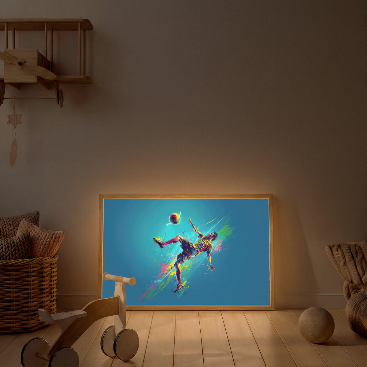 NACHTTISCHLAMPE MIT AKKU Fußballer - Farbspritzer - Farbenfroh - Ball 100x70 cm - Blau, Holzwerkstoff (8/100/70cm) - OnlyWow