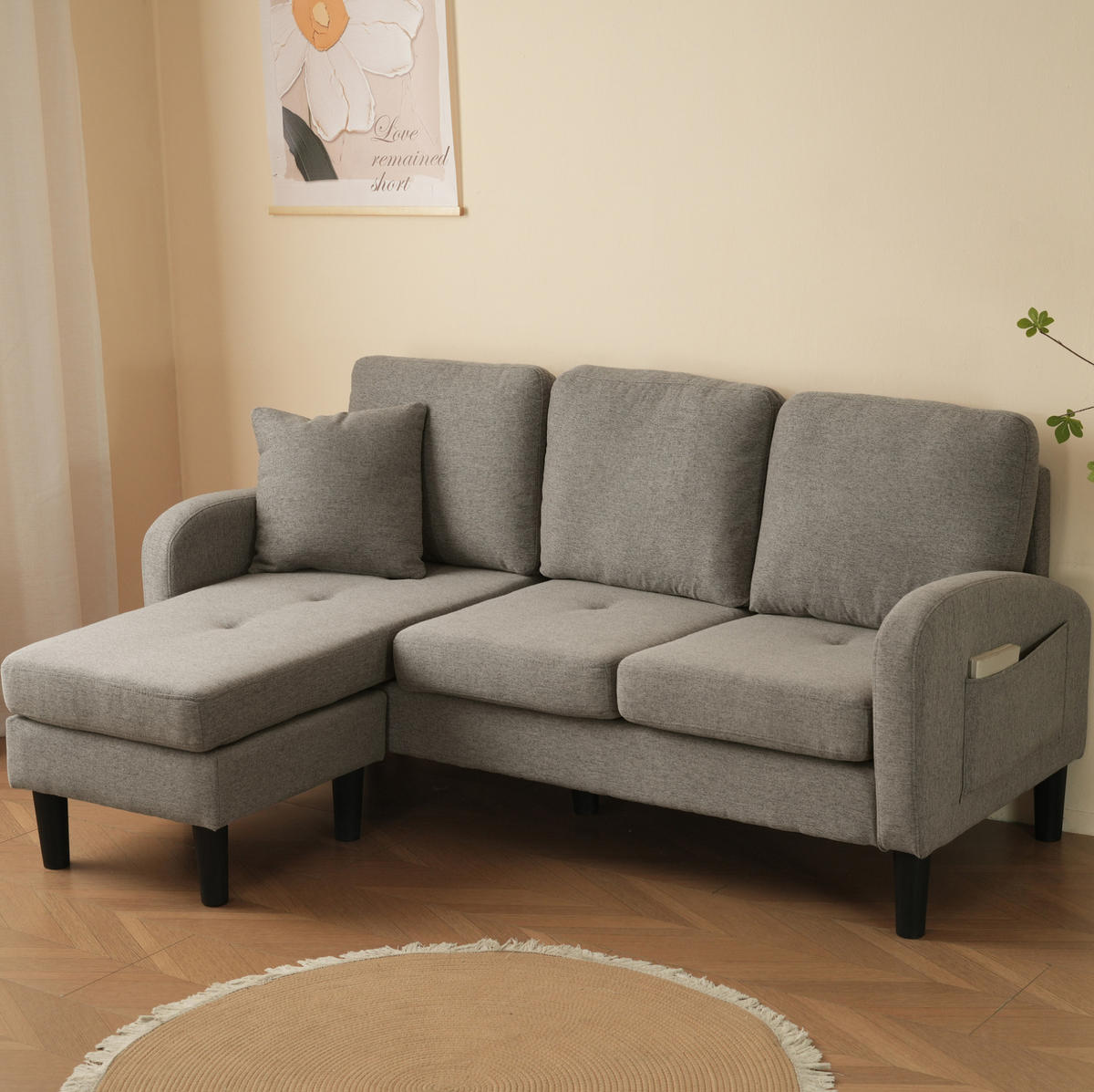 SOFA mit Chaiselongue 166x118 cm Baumwoll-Leinen Antique Dark Grey - Dunkelgrau, Holz (118/166cm) - Meubliv
