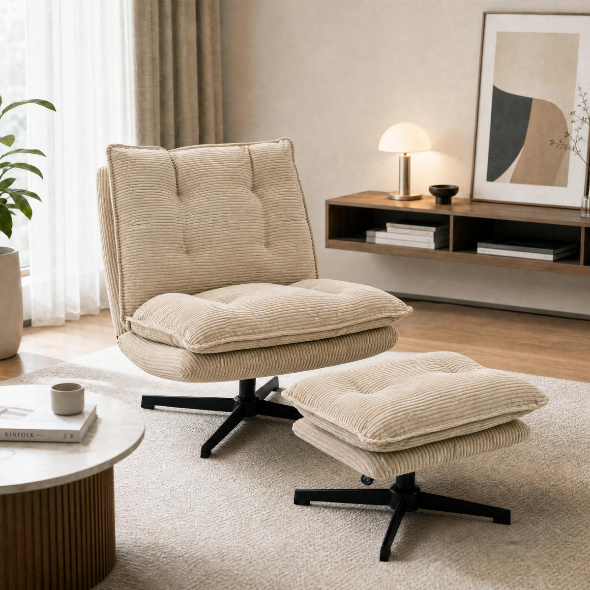 SESSEL mit Hocker Polyester Beige - Beige/Schwarz, Textil/Metall (74/89/82cm) - HOMCOM