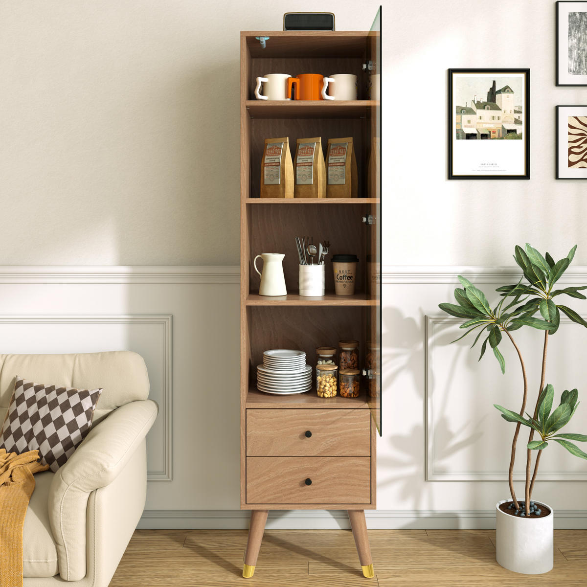 BUFFET mit Glastür verstellbaren Regalen und 2 Schubladen Holz-Optik - Transparent/Naturfarben, Glas/Holzwerkstoff (39.8/160/35cm) - EVRYAE