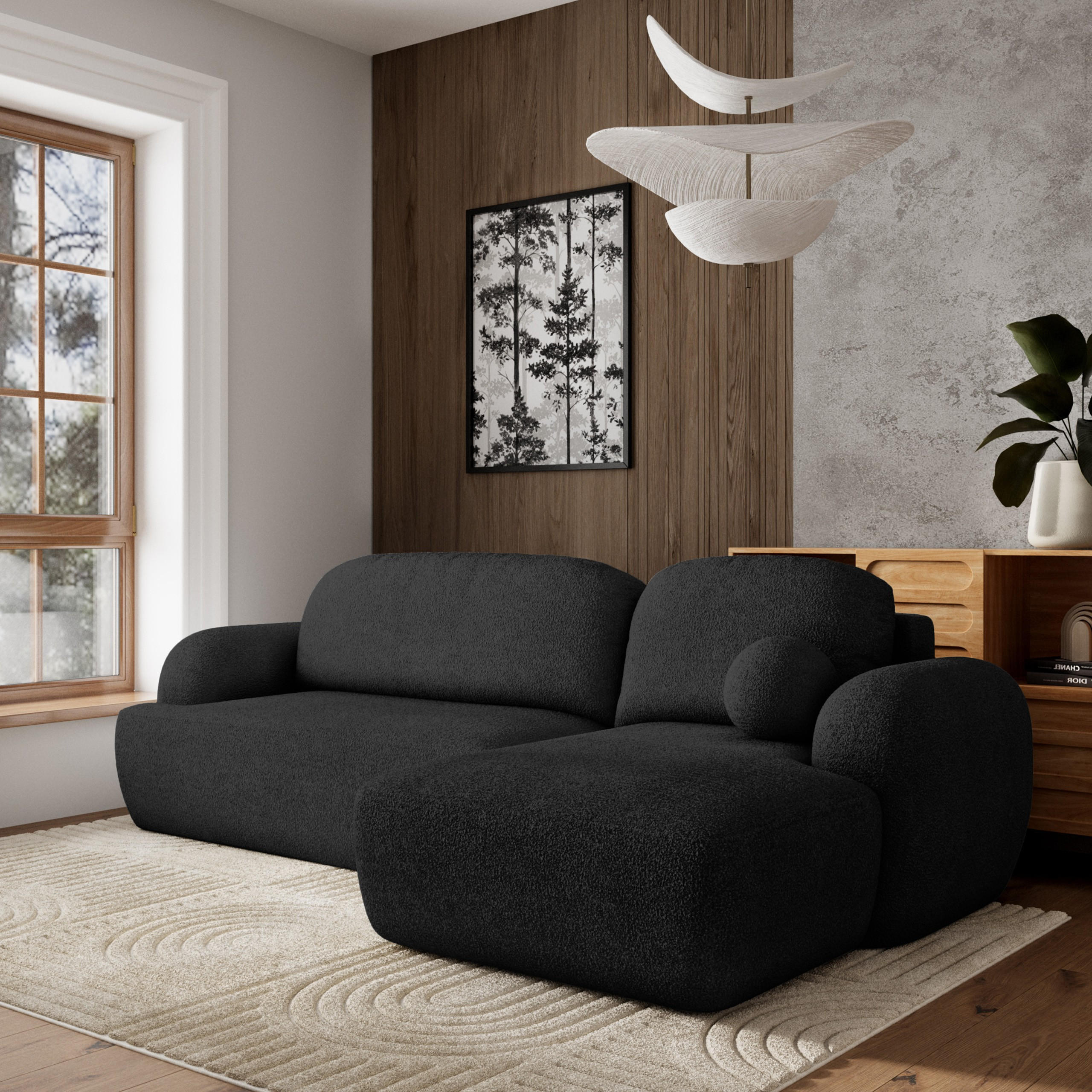 ECKSOFA MODENZA N R-S Schwarz Boucle-Stoff mit Schlaffunktion - Schwarz, Holz (266/148cm) - MASSENO