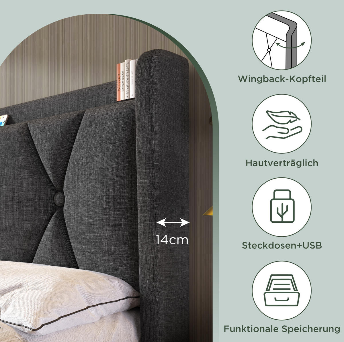 POLSTERBETT 160/200 cm mit USB-Anschlüssen, Steckdosen und 4 Schubladen, Leinenoptik, Grau - Grau, Textil (160/200cm) - Redom