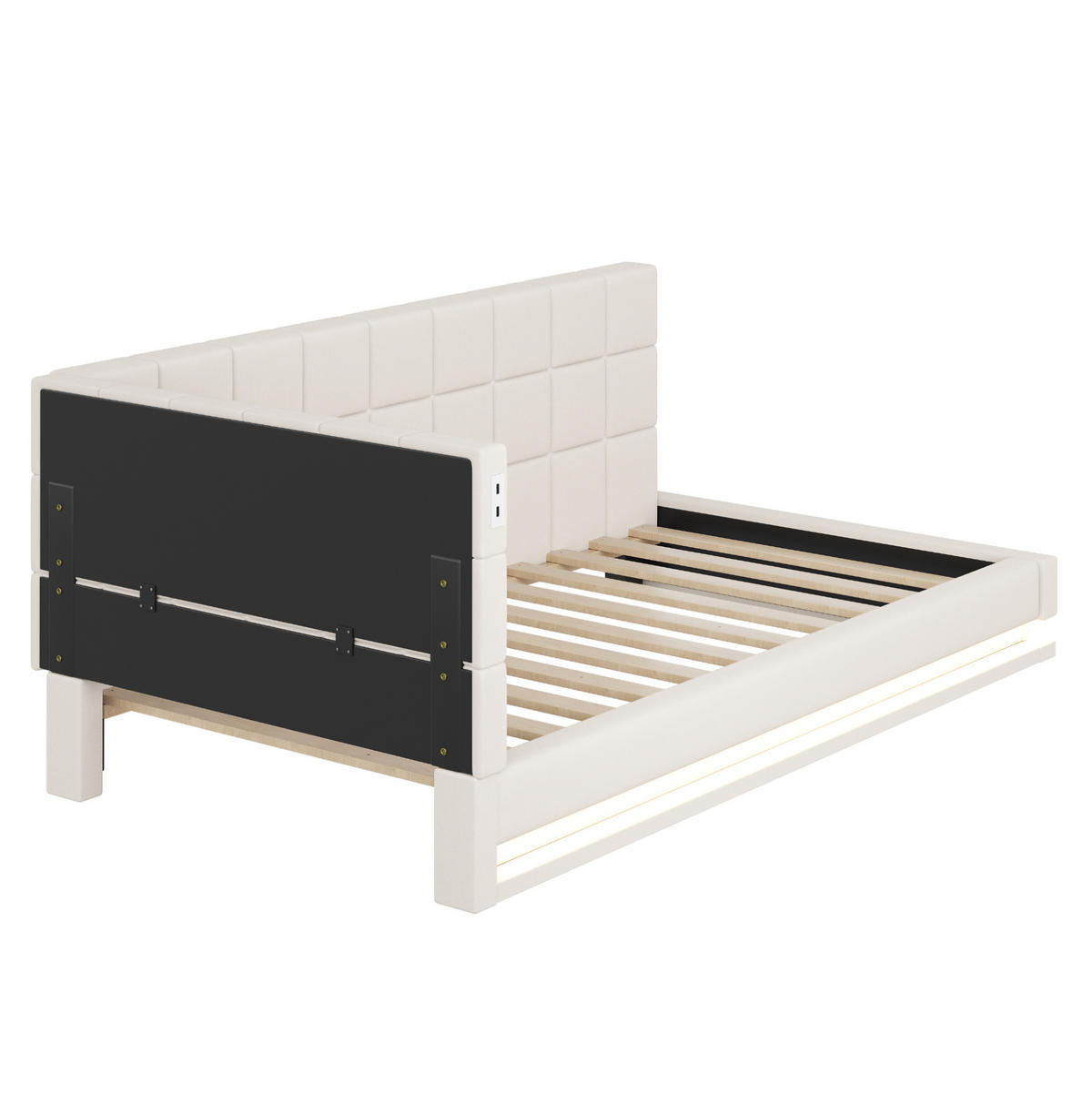POLSTERBETT 90/200 cm aus Leinen mit LED-Lichtleiste und USB-Steckdose Beige - Beige, Textil (90/200cm) - Modenvie