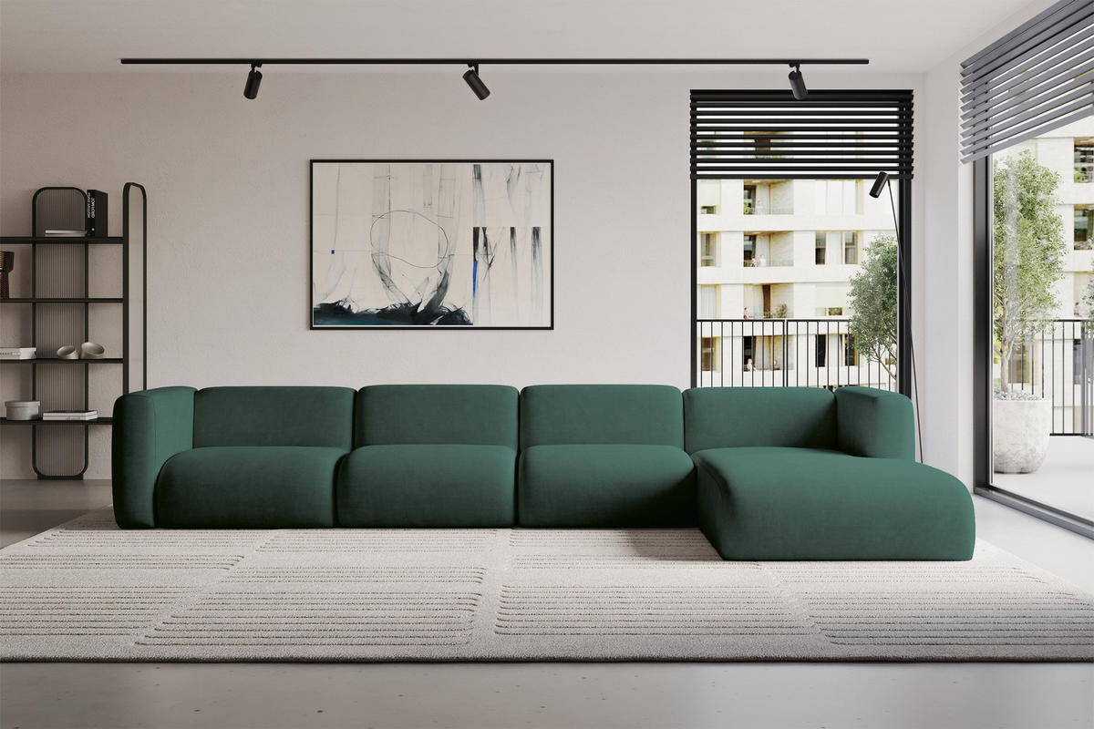 ECKSOFA Ottomane Rechts MIRA-L3 409x179x70 Grün Velours - Dunkelgrün/Schwarz, Holzwerkstoff/Kunststoff (409/179cm) - ALTDECOR