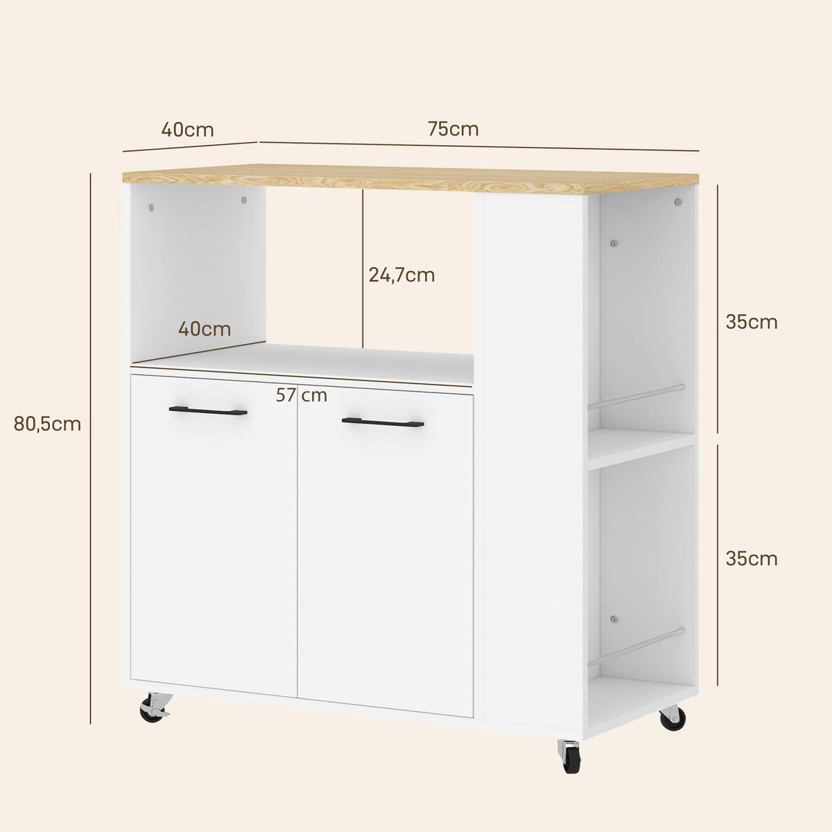 KÜCHENWAGEN DE-17149 mit verstellbarem Regal & Gewürzablagen Weiß - Weiß, Holzwerkstoff (40/80.5/75cm) - ComfortXL