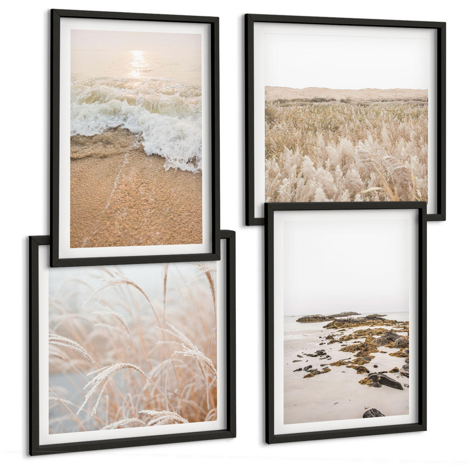 BILDER SET 4er Set - 50x50 cm & 40x60 cm Schwarzer Rahmen - Strandwellen, Steine, Sommer - Schwarz, Kunststoff (50/50cm) - TULUP