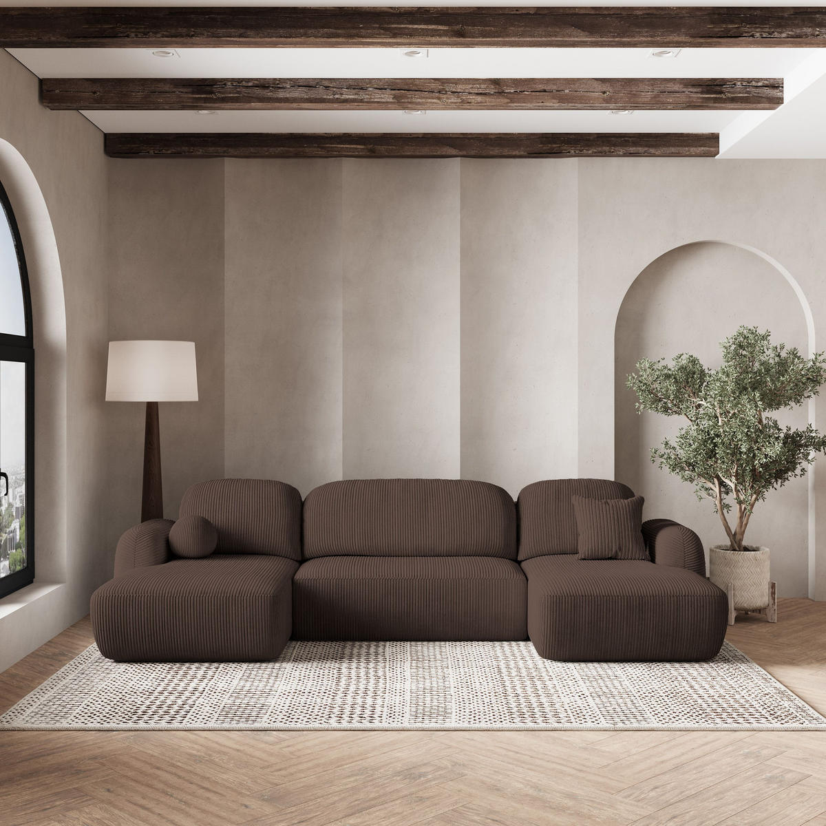 ROHOVÁ SEDAČKA SAVONA hnědá - černá/hnědá, dřevo/textil (320/148cm) - MASSENO