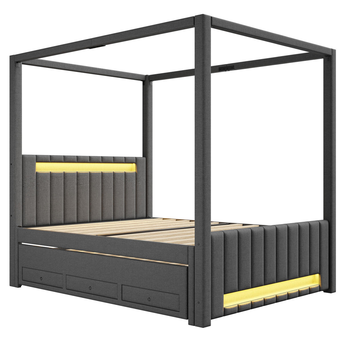 HIMMELBETT 140/200 cm grau aus Leinen und MDF mit Ausziehbett, 3 Schubladen und LED - Grau, Textil (140/200cm) - OKWISH