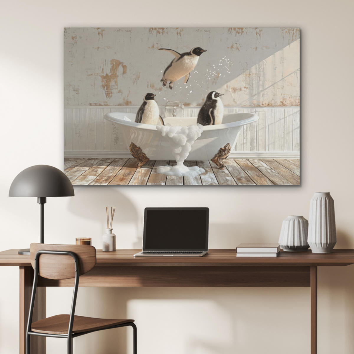 AKUSTIKPANEEL Vintage - Pinguin - Badewanne - Schaumstoff 100x70 cm - Schwarz, Textil (100/0.9/70cm) - MuchoWow
