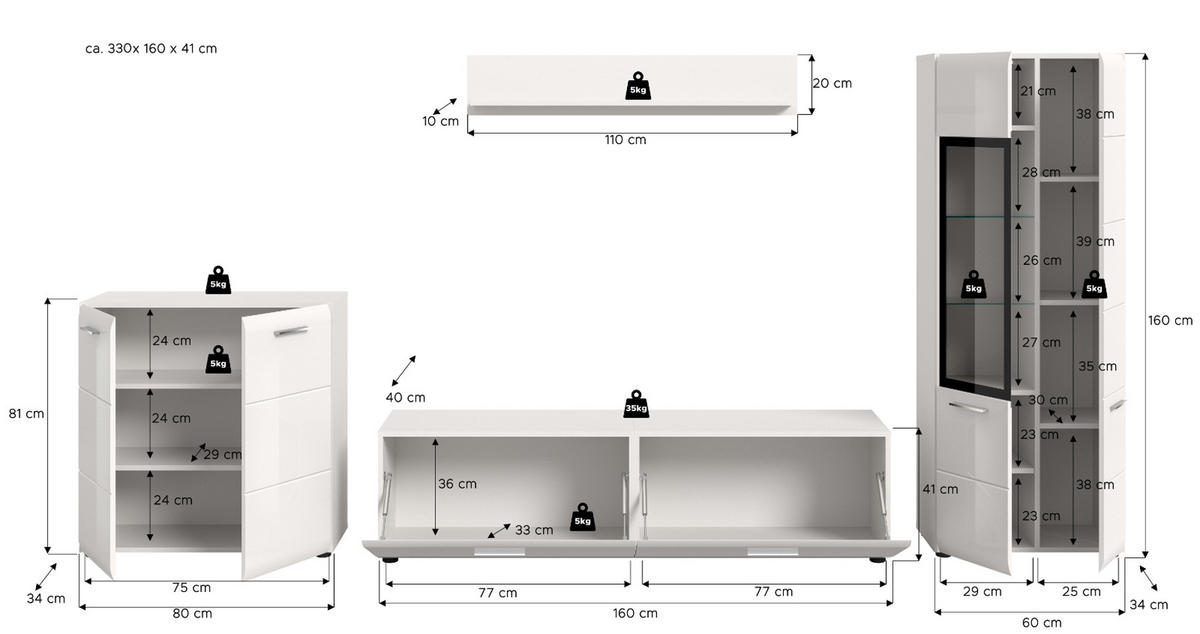 WOHNWAND weiß Hochglanz 4-teilig 330 cm, Schrankwand mit viel Stauraum - Weiß Hochglanz/Silberfarben, Glas/Holzwerkstoff (330/160/41cm) - Inn.Furn