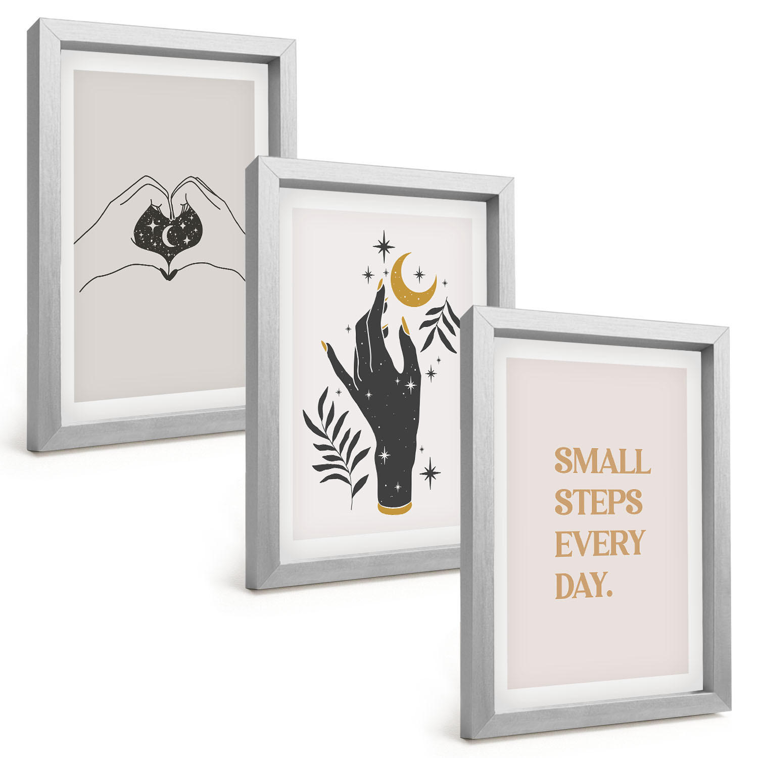 BILDER SET 3er Set - 20x30 cm Silberner Rahmen - Minimalistische Boho-Illustrationen - Silberfarben, Kunststoff (20/30cm) - TULUP