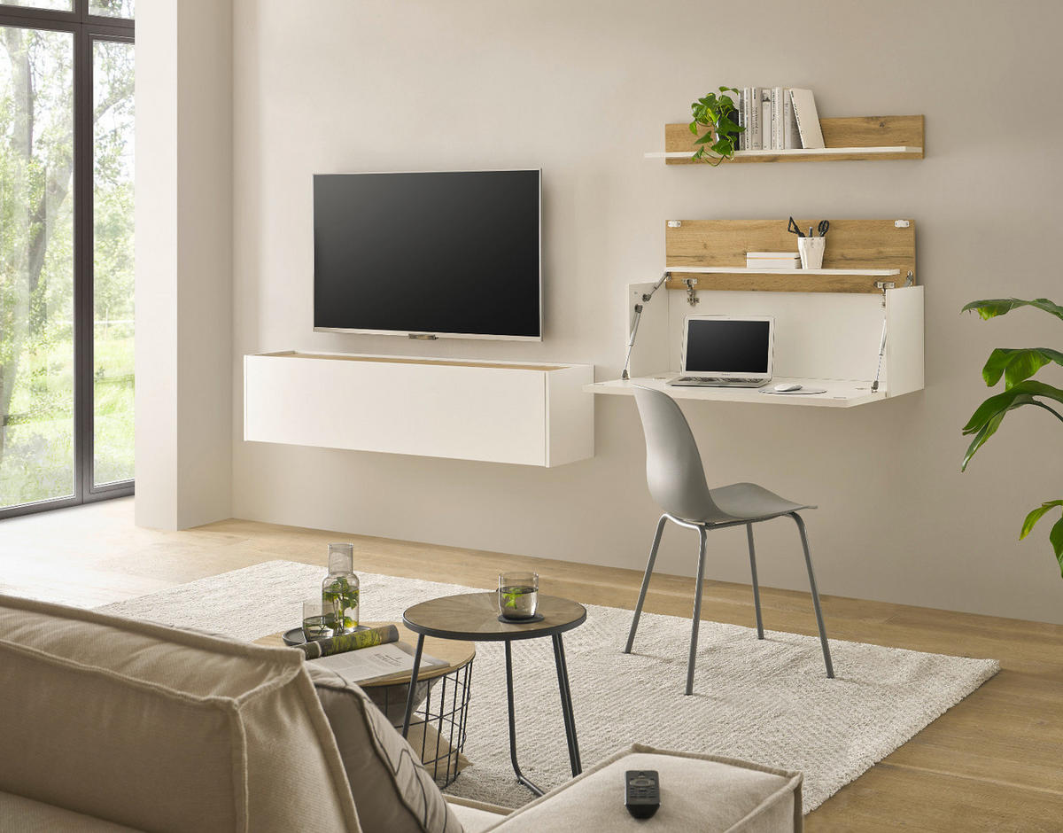 WOHNWAND weiß matt, Eiche Wotan 3-teilig 270 cm, Wohnkombination mit Sekretär - Eiche Wotan/Weiß, Holz/Holzwerkstoff (270/170/30cm) - Furn.Design