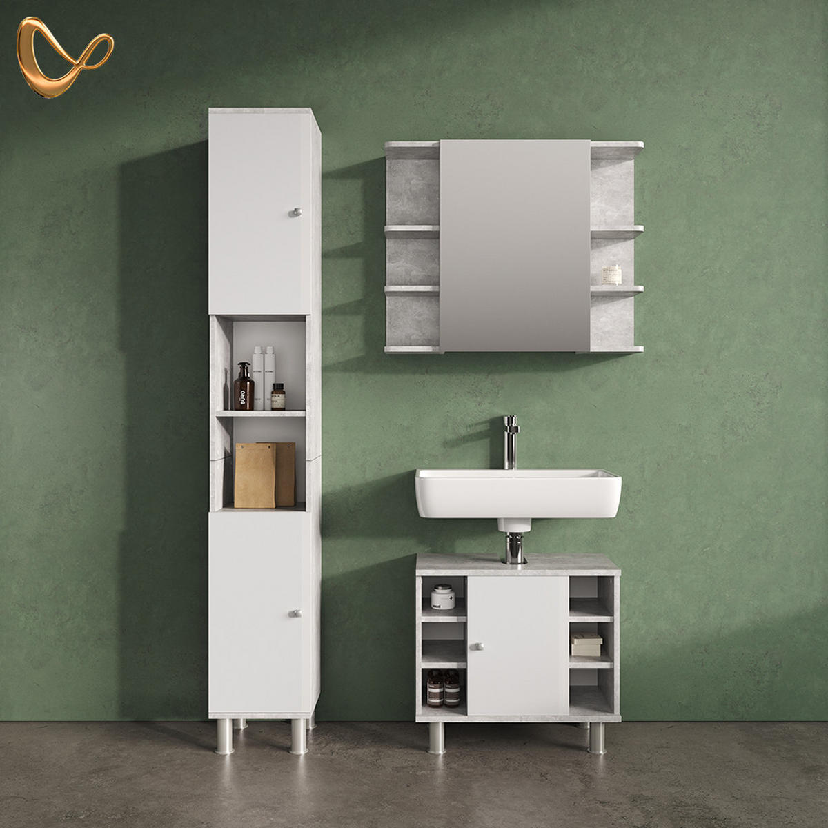 BADMÖBEL-SET Fucino Beton 3 Teile, mit Hochschrank - Schieferfarben/Weiß, Holzwerkstoff (60/54/32cm) - Livinity®
