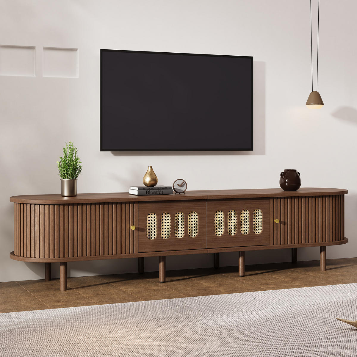 TV-SCHRANK 180/40/40 cm Nussbaum Rattan mit 2 Schubladen und 2 Rolltüren - Nussbaumfarben, Holzwerkstoff (180/40/40cm) - Oxeza