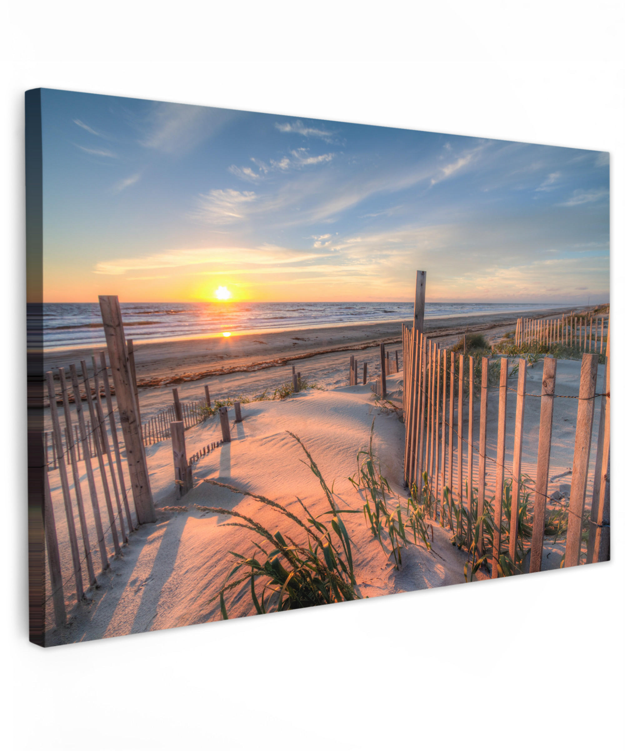 LEINWANDBILD Strand - Meer - Düne - Sonnenuntergang - Landschaft Wohnzimmer Groß 120x80 cm - Beige, Textil (120/80cm) - MuchoWow