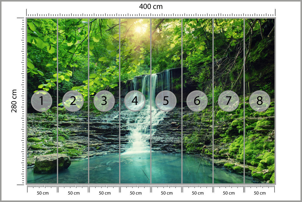 FOTOTAPETE für Schlafzimmer Türkisfarbener Wasserfall Wald Bäume Blätter Felsen 400x280 - Türkis/Blau, Papier (400/280cm) - Muralo