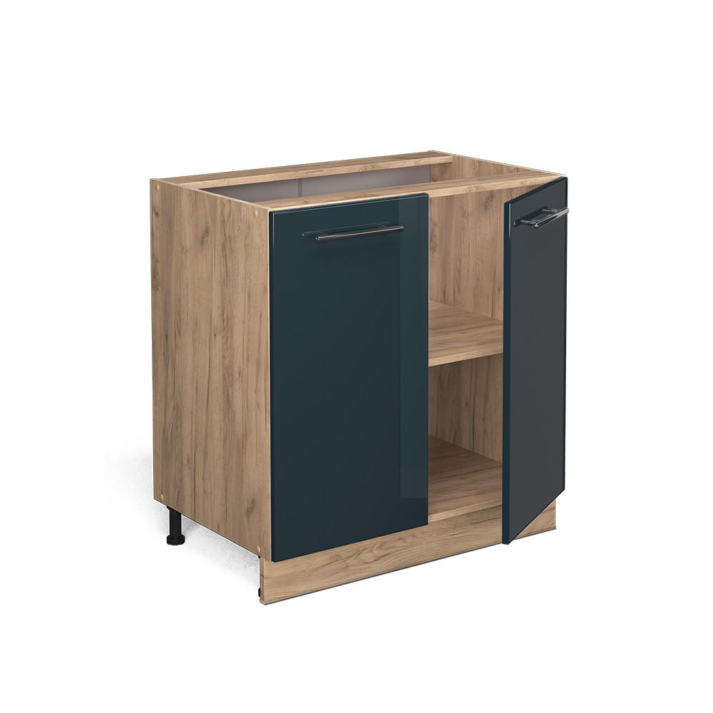 KÜCHENUNTERSCHRANK Fame-Line Dunkelblau Hochglanz 80 cm mit Regal, ohne Arbeitsplatte - Honigeiche/Eiche Wotan, Holzwerkstoff (80/82/51.6cm) - Vicco