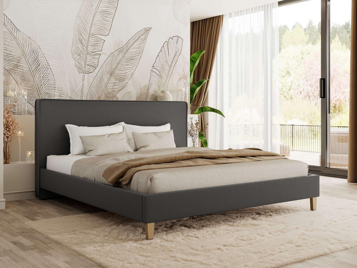 ČALÚNENÁ POSTEĽ LUMARO CLASSIC 160/200 - Tmavosivá Ekokoža - Matrac Pocket - jadrový buk/tmavosivá, drevo/textil (160/200cm) - MKS