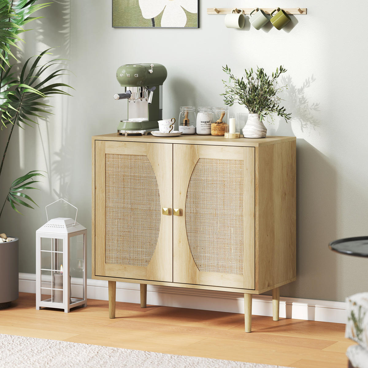 SIDEBOARD DE-11247 2 Türen mit Rattan-Front Naturholz - Naturfarben, Holzwerkstoff (80/79/38cm) - ComfortXL