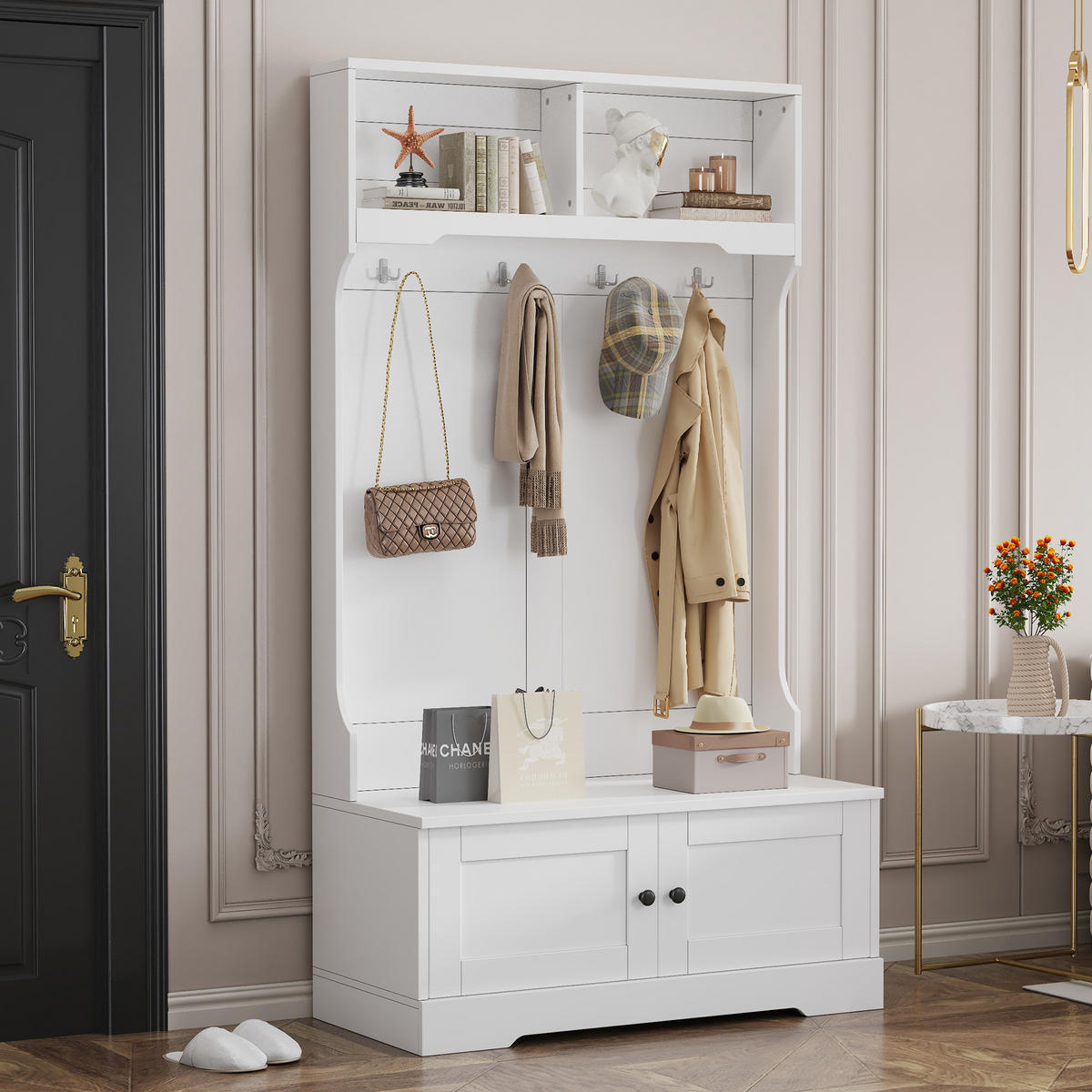 SCHUHSCHRANK aus Spanplatte 101,5x183cm in Weiß mit Sitzbank - Weiß, Holzwerkstoff (101.5/183/47cm) - Modfu