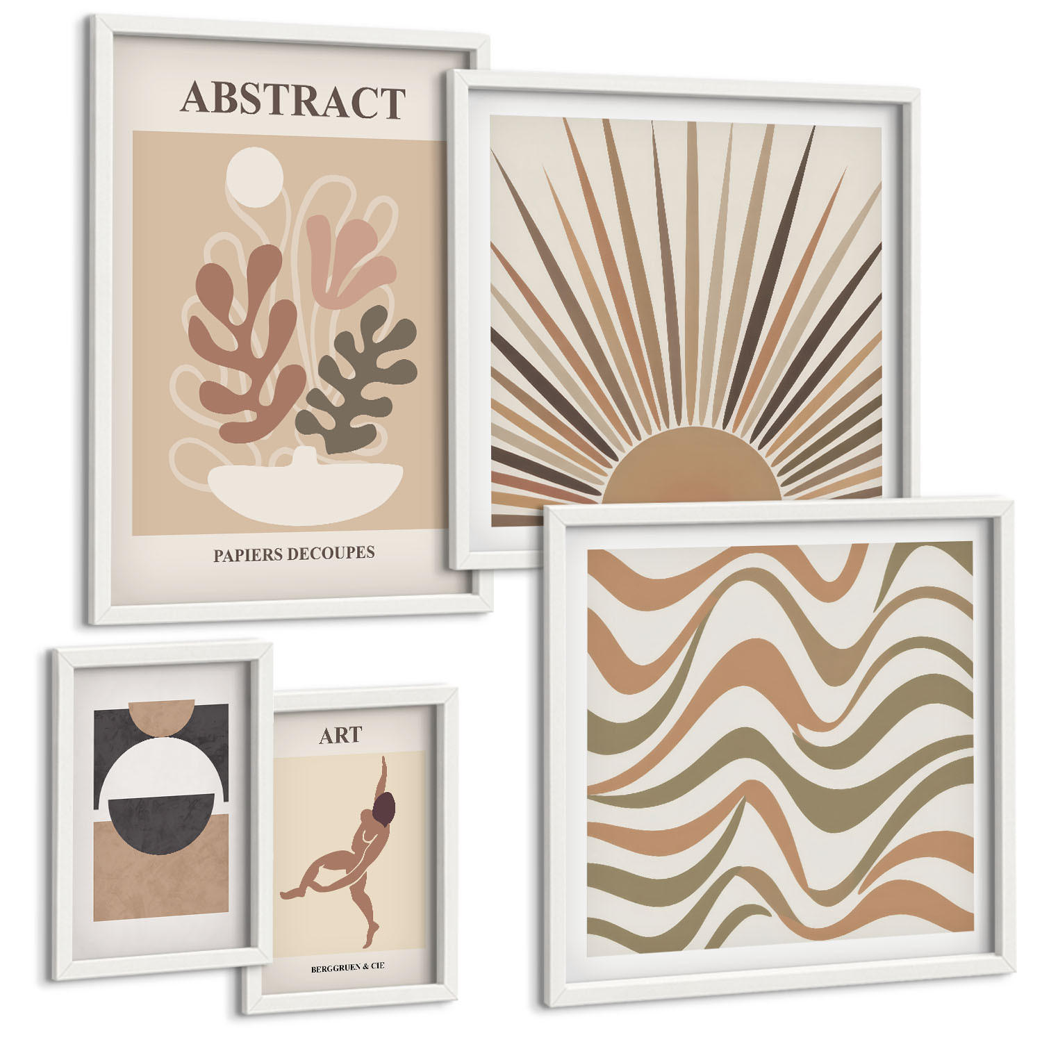 BILDER SET 5er Set - 50x50 cm & 20x30 cm & 40x60 cm Weißer Rahmen - Matisse Boho abstrakte Muster - Weiß, Kunststoff (40/60cm) - TULUP