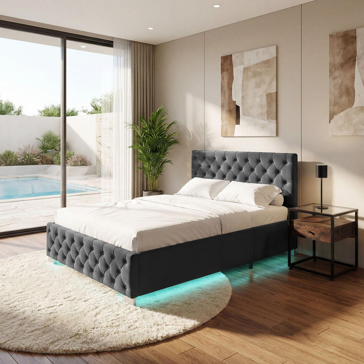POLSTERBETT Sedona, großer Stauraum, Samtoptik schwarz - Schwarz/Samtahornfarben, Holz (120/200cm) - tectake