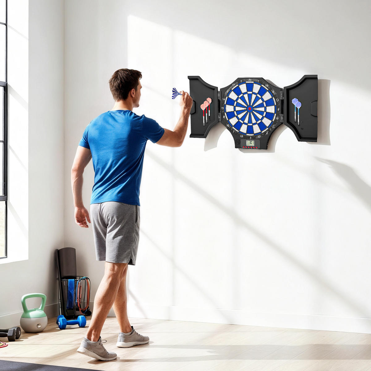 DARTSCHEIBE DE-18828 31 Spiele, 2 Klapptüren Schwarz - Blau, Kunststoff (45/4/83cm) - ComfortXL