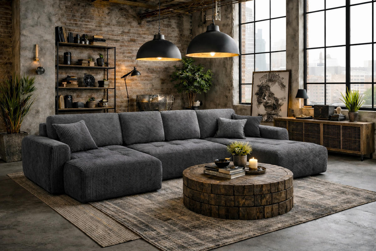 ECKSOFA Mit Schlaffunktion Und Bettkasten U-Form Ivo U, Cordstoff Poso, Grau - Grau, Holz (342/142cm) - Kaiser Möbel