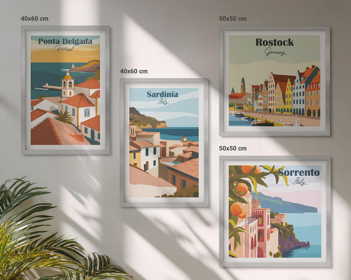 BILDER SET 4er Set - 50x50 cm & 40x60 cm Silberner Rahmen - Ansichten europäischer Häfen - Silberfarben, Kunststoff (50/50cm) - TULUP
