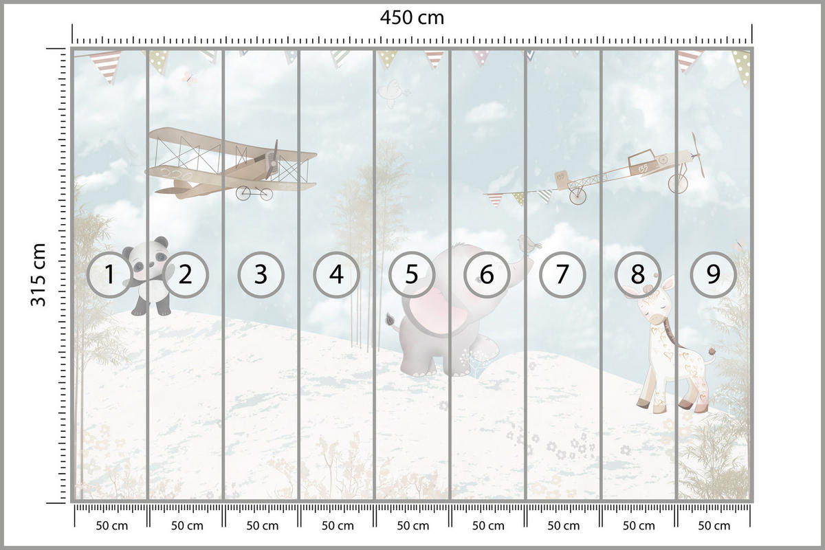 FOTOTAPETE für Kinderzimmer Boho Elefant Panda Giraffe Pflanze Flugzeug 450x315 - Multicolor, Papier (450/315cm) - Muralo