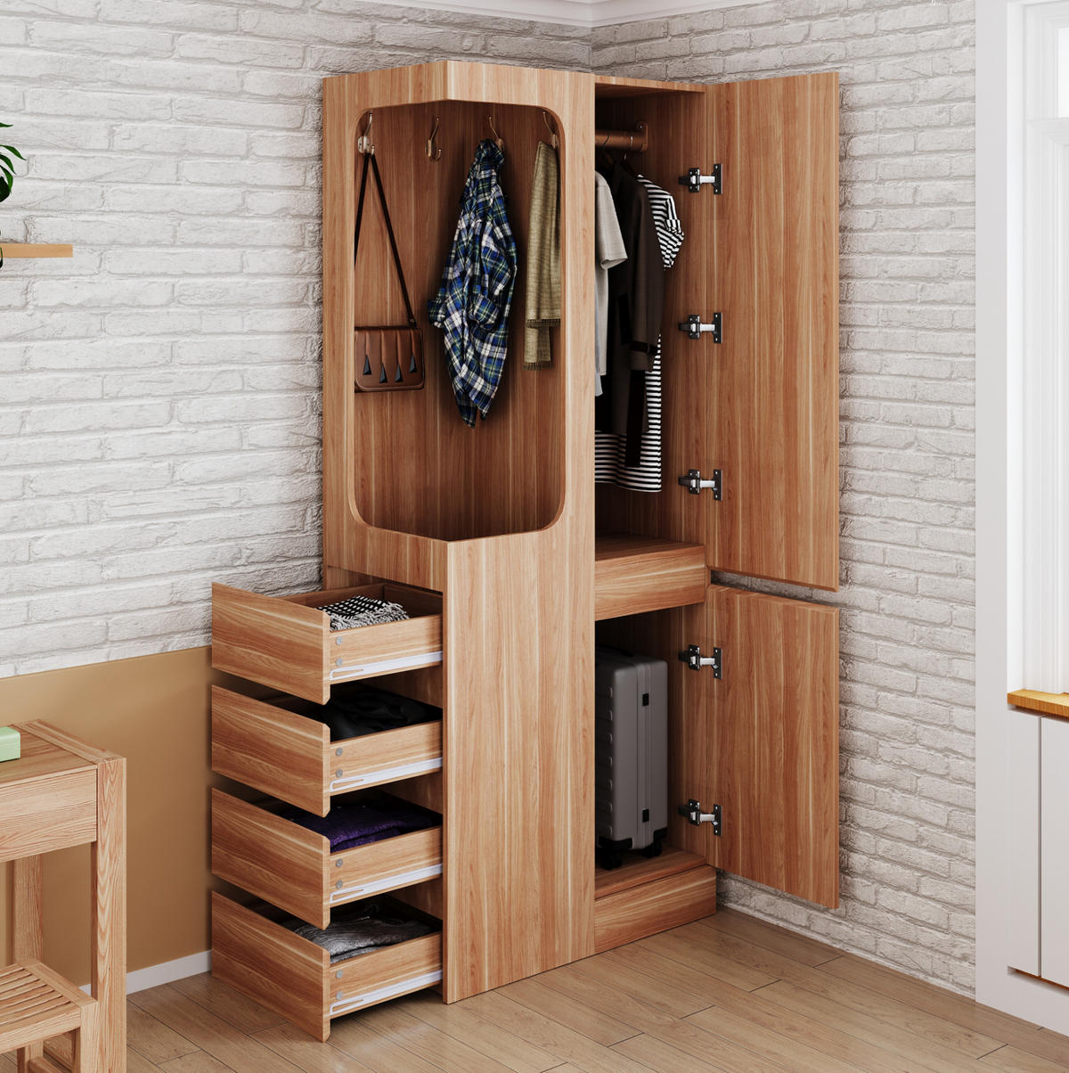 KLEIDERSCHRANK aus Kiefer, Sperrholz und MDF 70x40x170 cm Weiß/Holz mit Tür, 4 Schubladen und offenem Hängebereich - Nussbaumfarben, Holzwerkstoff (70/170/40cm) - Modfu