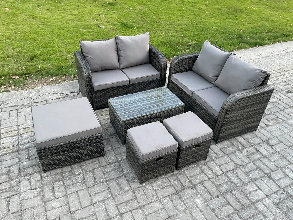 GARTENMÖBELGARNITUR mit KISSEN Polyrattan Dunkelgrau 7-Sitzer - Dunkelgrau/Grau, Glas/Kunststoff - Fimous
