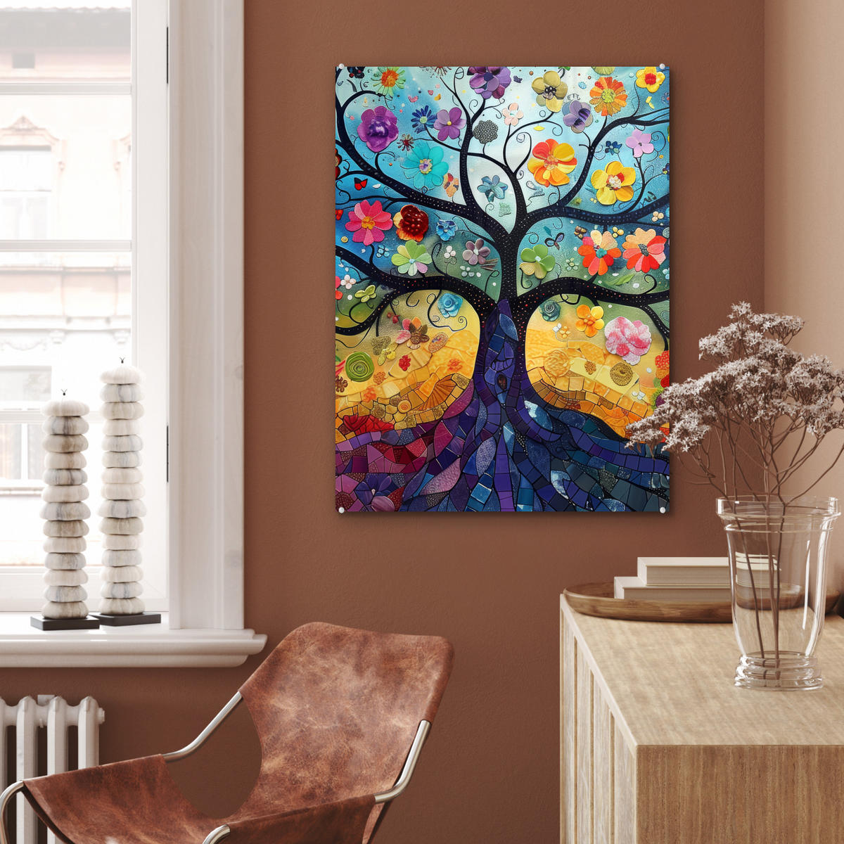 OBRAZ NA AKRYLOVOM SKLE Umenie - Strom života - Kvety - Hippie 60x80 cm - tmavomodrá, sklo (60/80cm) - MuchoWow
