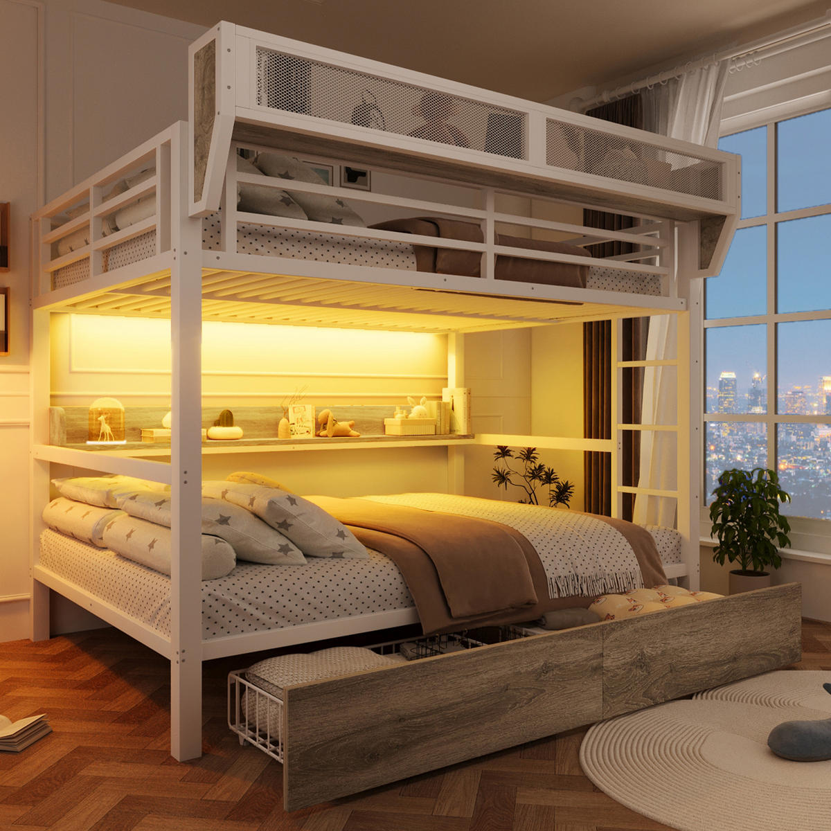 ETAGENBETT 140/200 cm in Weiß mit Ablagebord, Aufbewahrungskorb, Schubladen und LED - Weiß, Holzwerkstoff/Metall (140/200cm) - WISHDOR