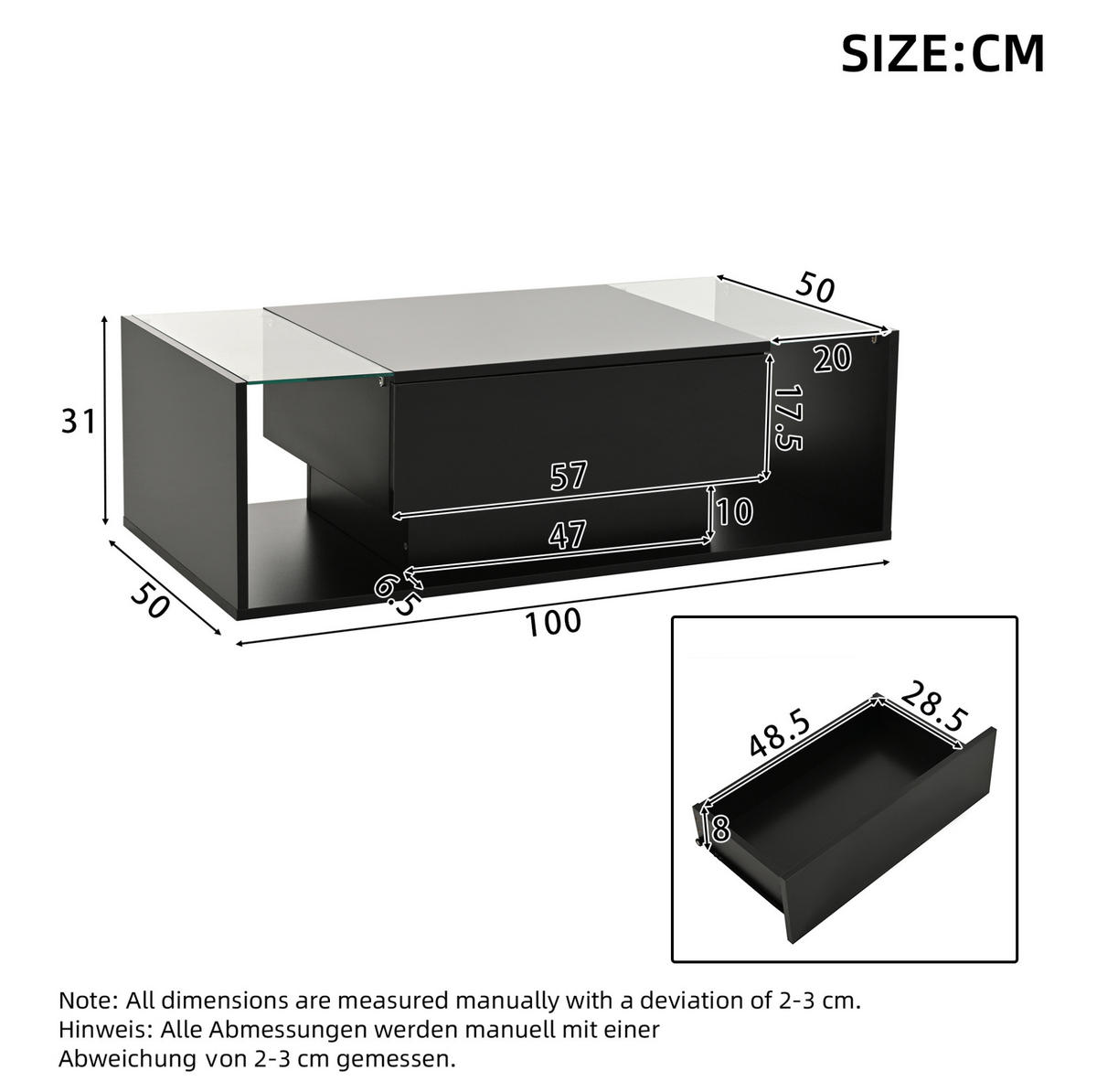 COUCHTISCH aus Spanplatte und Glas 100x50x31 cm in Schwarz mit LED & Schublade - Schwarz, Holzwerkstoff (100/50/31cm) - Modfu
