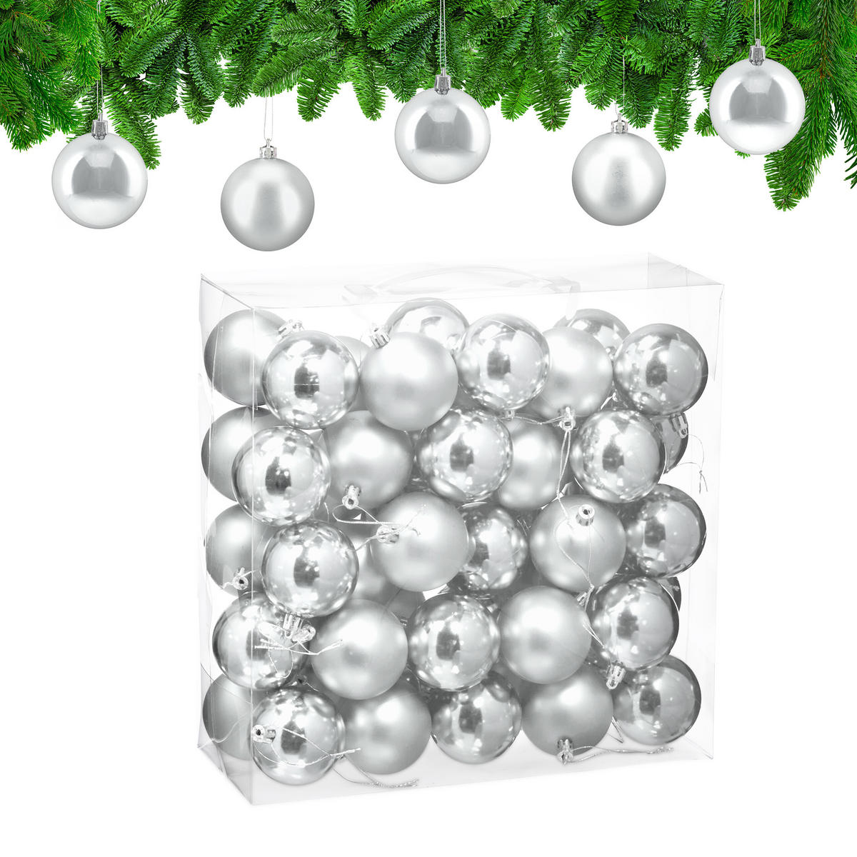 50XWEIHNACHTSKUGELN - Silberfarben, Kunststoff (6/7/6cm) - Relaxdays